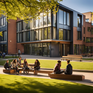 Picture of a student accommodation building with students sat down on benches outside with friends 