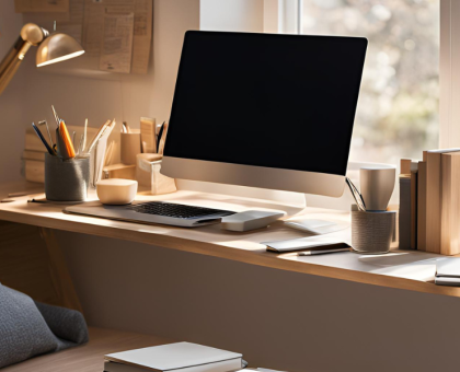 Picture of an organised desk inside a student room